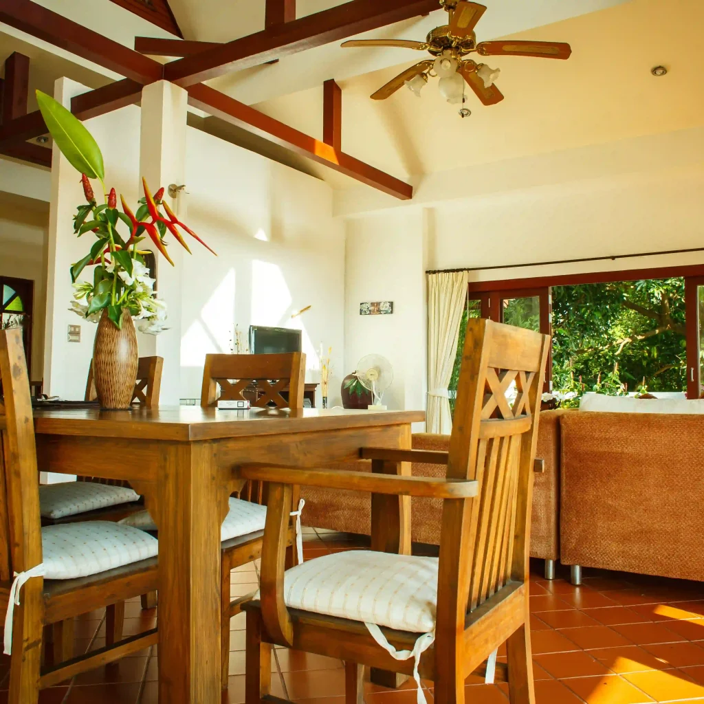 Contemporary dining area with elegant furniture and warm interior design