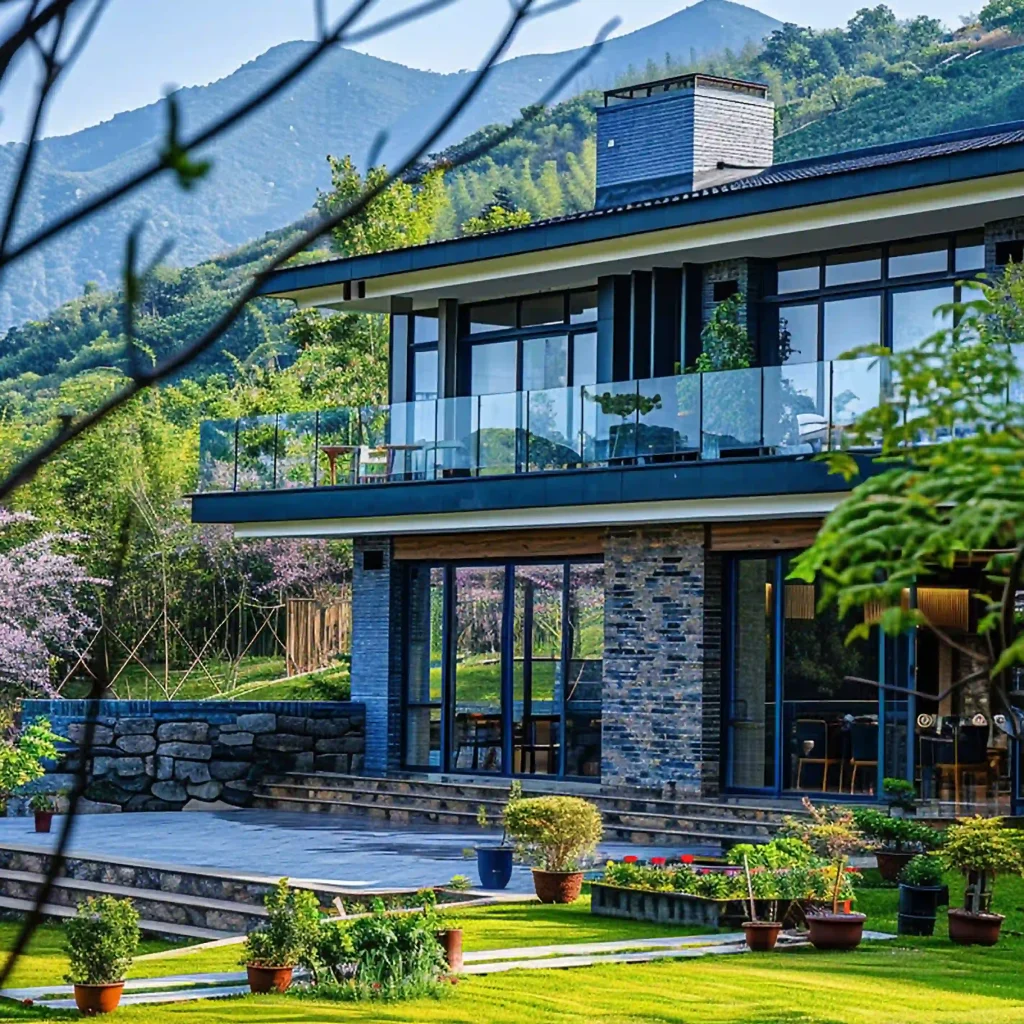 Modern house with balcony overlooking scenic mountain landscape
