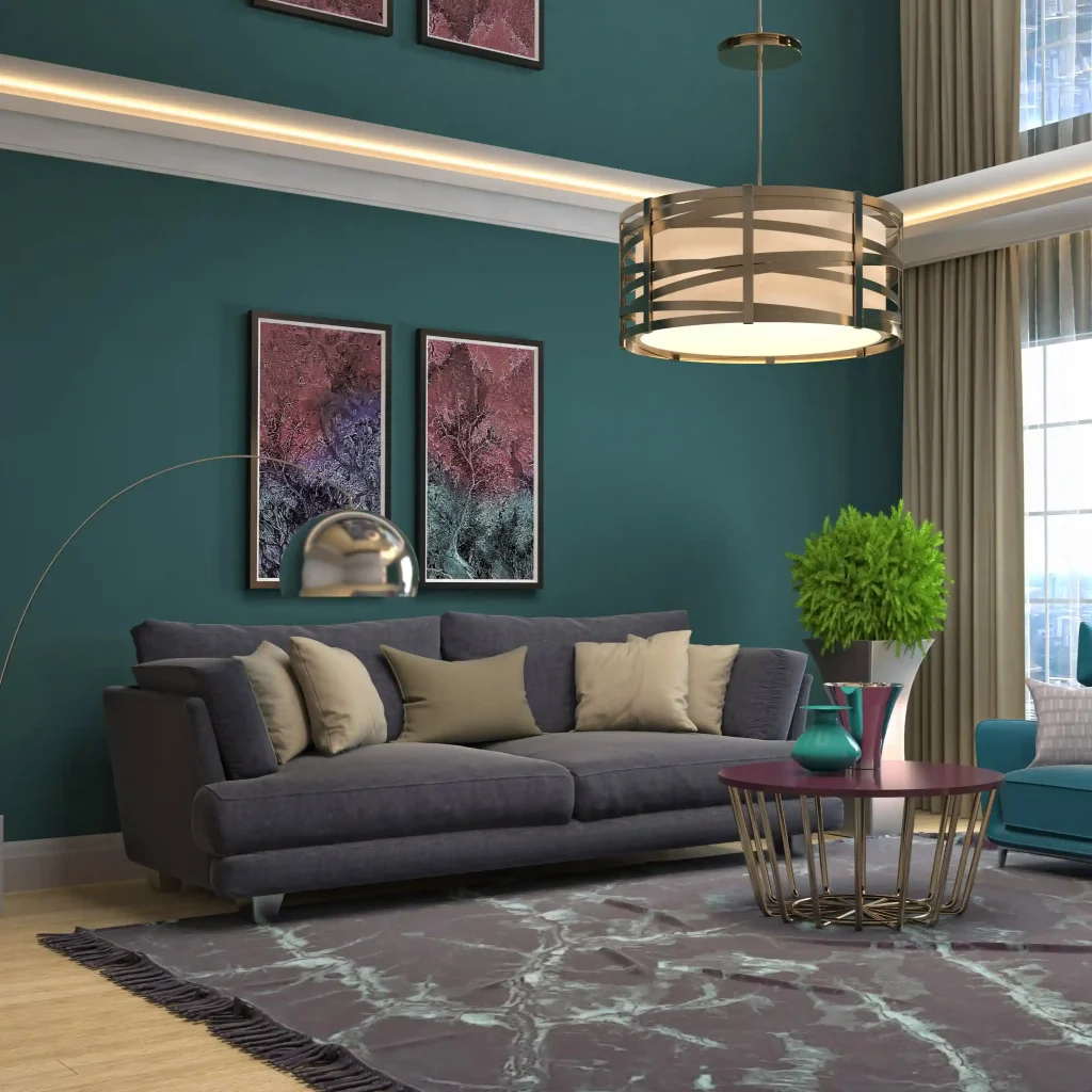 Illustrated modern living room interior with sofa and decor elements