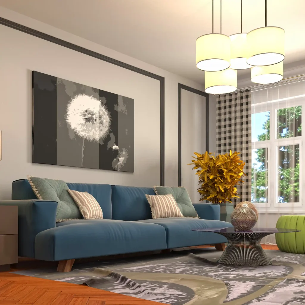 Illustrated modern living room interior with sofa and decor