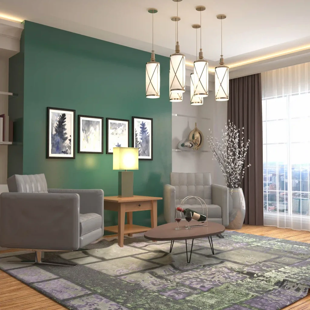 Stylish illustrated living room interior with modern furniture layout