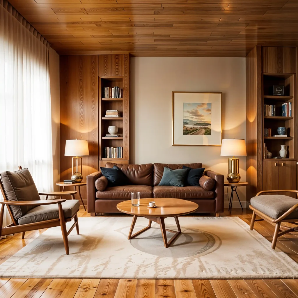 Mid-century modern interior design with clean lines and warm tones