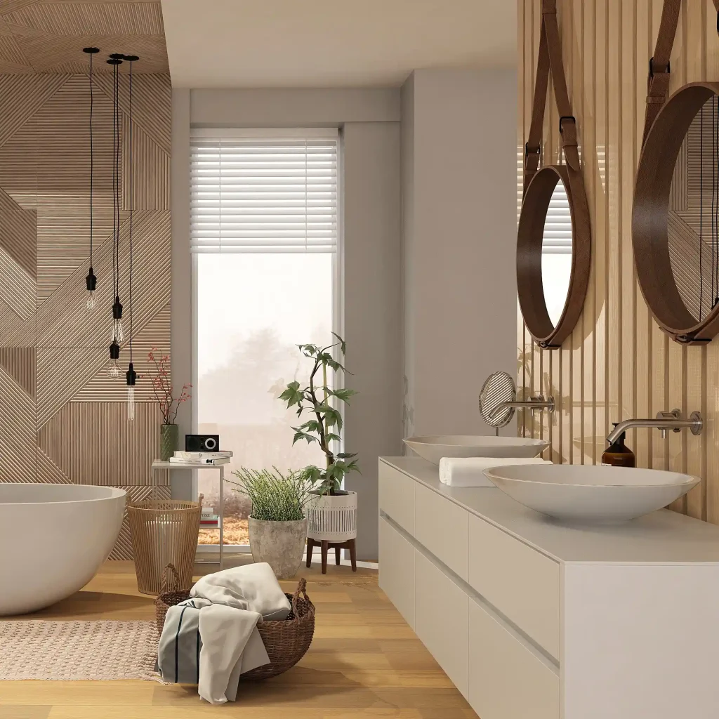 Eco-style modern bathroom with wooden wall panels and minimalist design