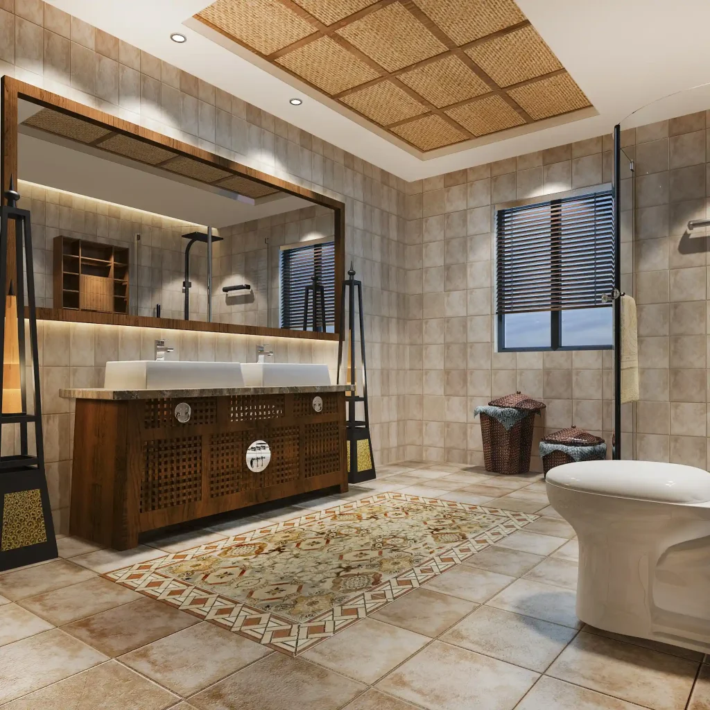 Luxury vintage bathroom with tropical patterned tile decor
